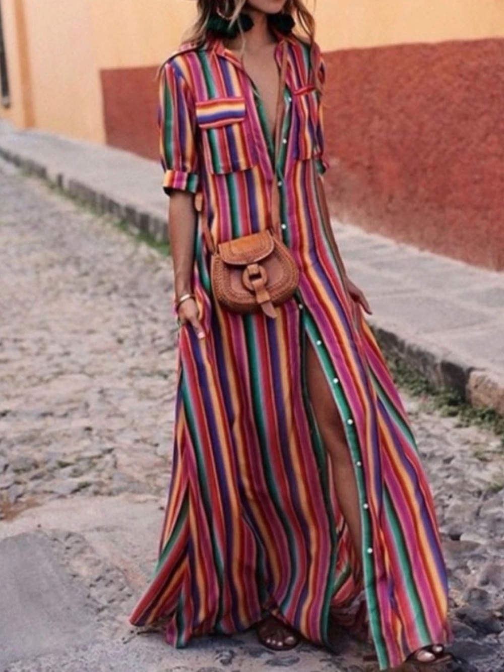 All Things Mochi Isabella Rainbow Striped Button Down Shirt Dress Small